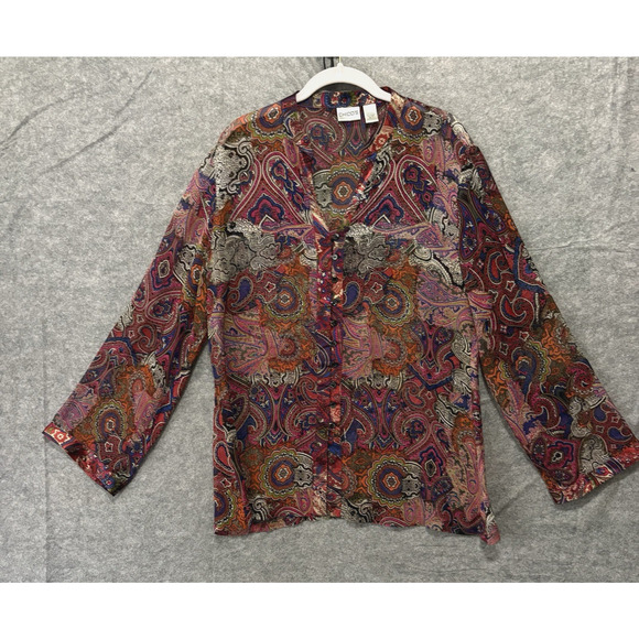 Chicos Silk Blouse Women Sz 2 US 12 Multicolor Paisley Sheer Button Front Classy - Picture 1 of 6